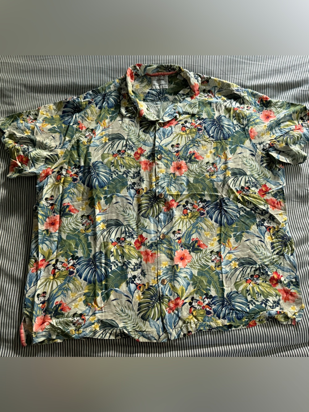Tommy Bahama X Disney Floral Hawaiian Mickey Camp Shirt in Blue, Green & Coral